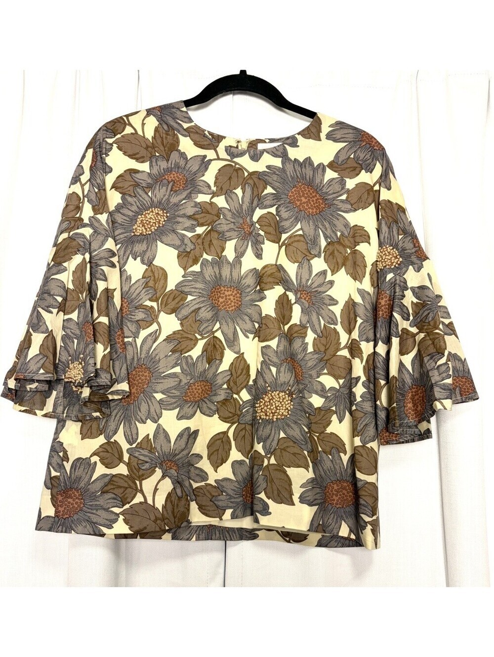 Ann Mashburn Cotton Blue Floral Embroidered Flutter Sleeve Blouse Size M $298